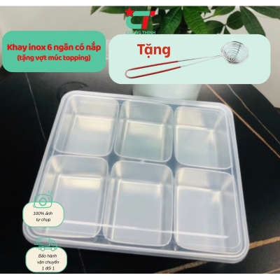 [Tặng Vợt Múc Trân Châu] Bộ khay inox 304 đựng topping - gia vị 6 ngăn có nắp